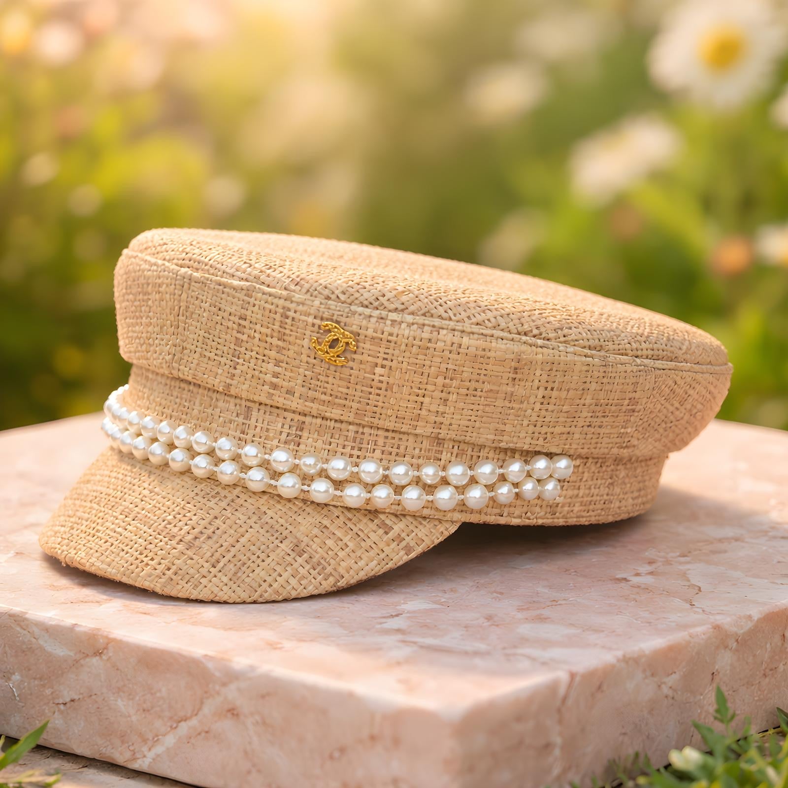 Modello Stewart Studio80, in tessuto paglia con accessori e perle
