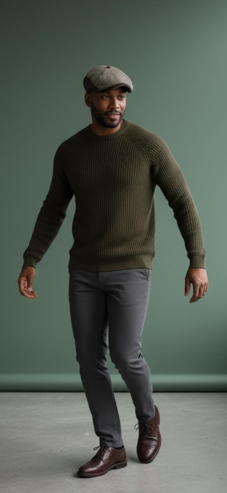 Modello Manchester in tessuto lana shetland spinato in beige mélange abbinata alla vera pelle marrone, un modello dai tagli unici nel suo genere