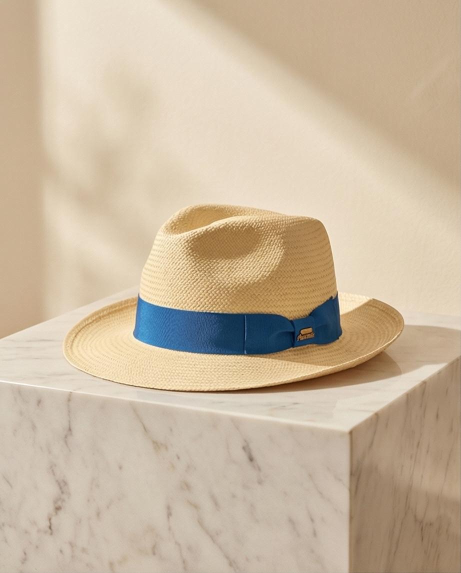 Modello Panama in paglia beige e gro blu elettrico