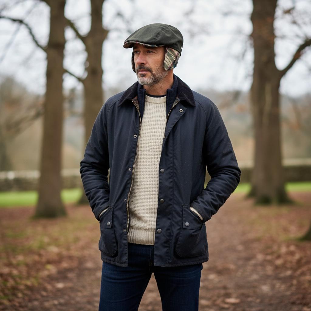 Modello Liverpool con coprinuca in tessuto impermeabile originale Barbour inglese di colore verde. Con visiera e copriorecchie in tessuto lana. Interno del copri orecchie in calda microfibra nera