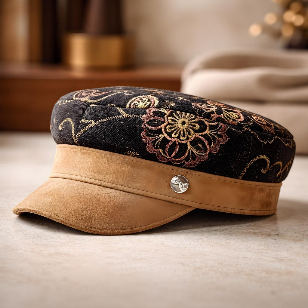 Modello Stewart in velluto ricami floreali e vera pelle scamosciata beige