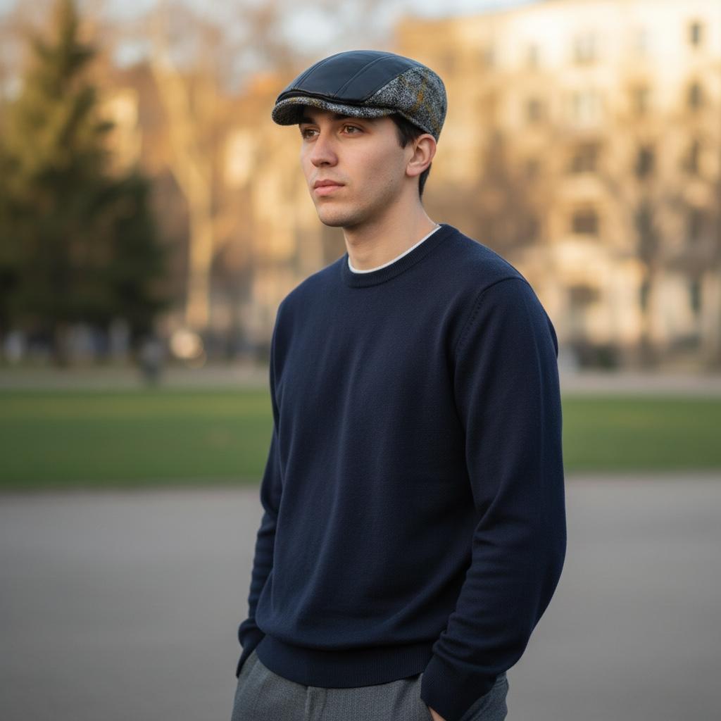 Modello Burton in vera pelle nappa nera di qualità eccezionale abbinata ad un tessuto Harris tweed altrettanto pregiato per un binomio di eleganza senza paragoni