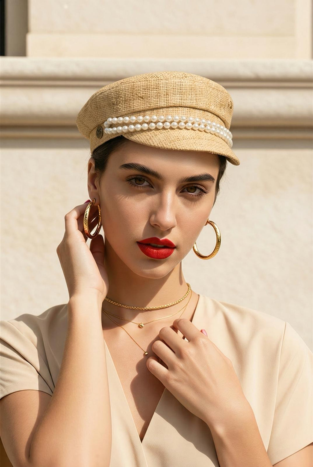 Modello Stewart Studio80, in tessuto paglia con accessori e perle