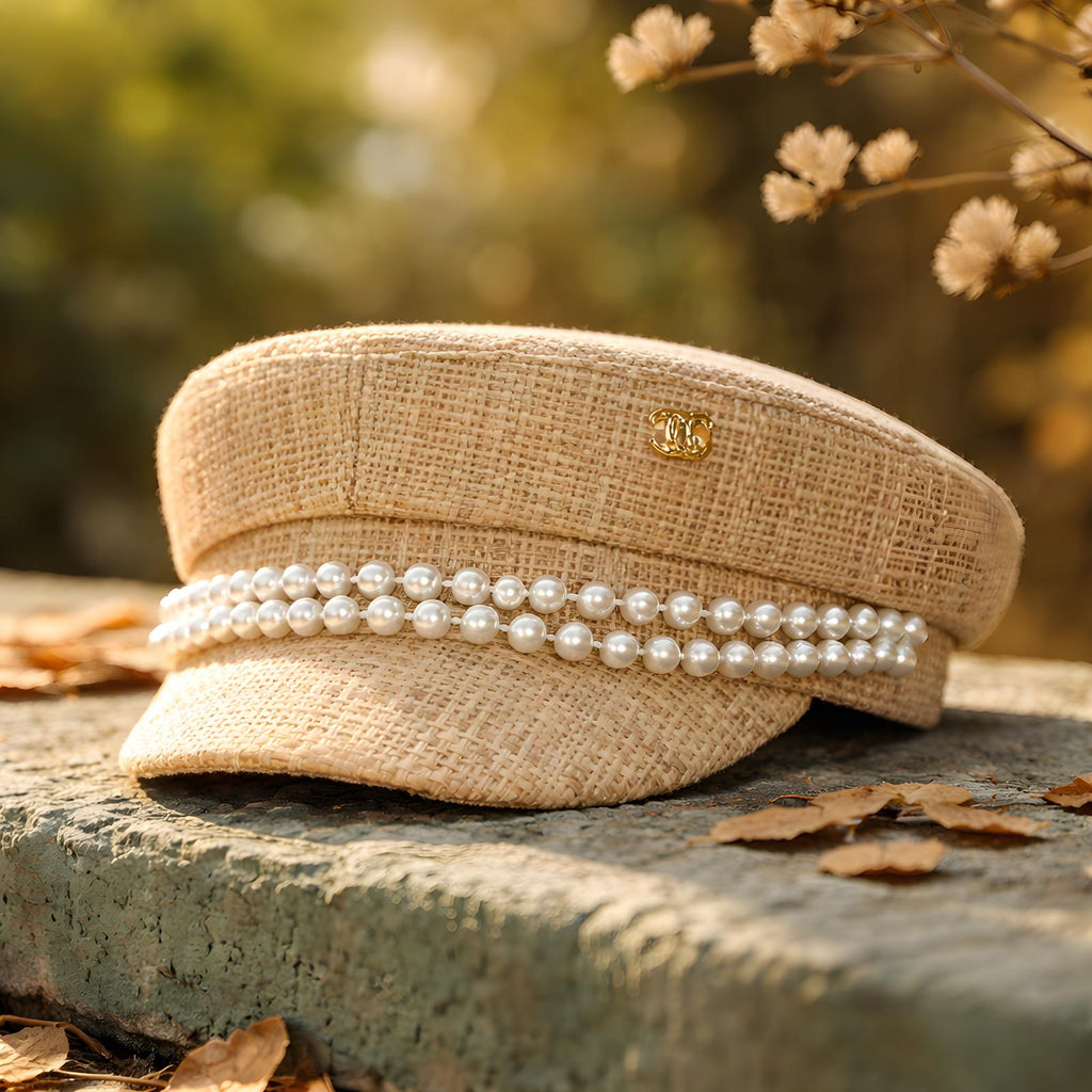Modello Stewart Studio80, in tessuto paglia con accessori e perle