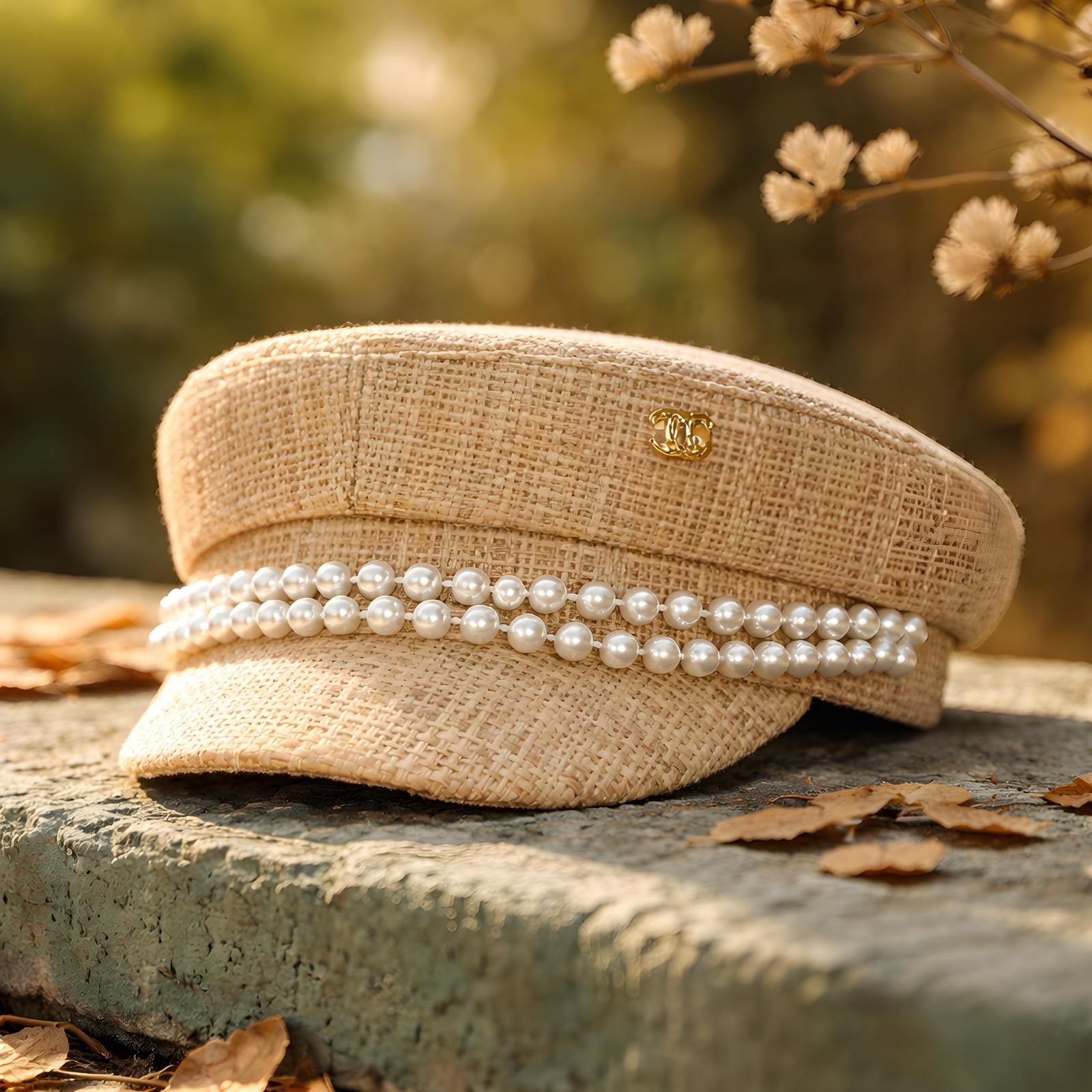 Modello Stewart Studio80, in tessuto paglia con accessori e perle