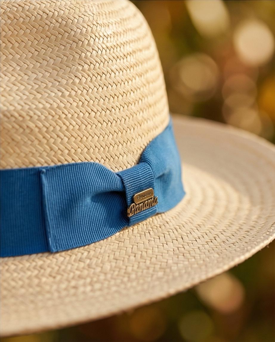 Modello Panama in paglia beige e gro blu elettrico