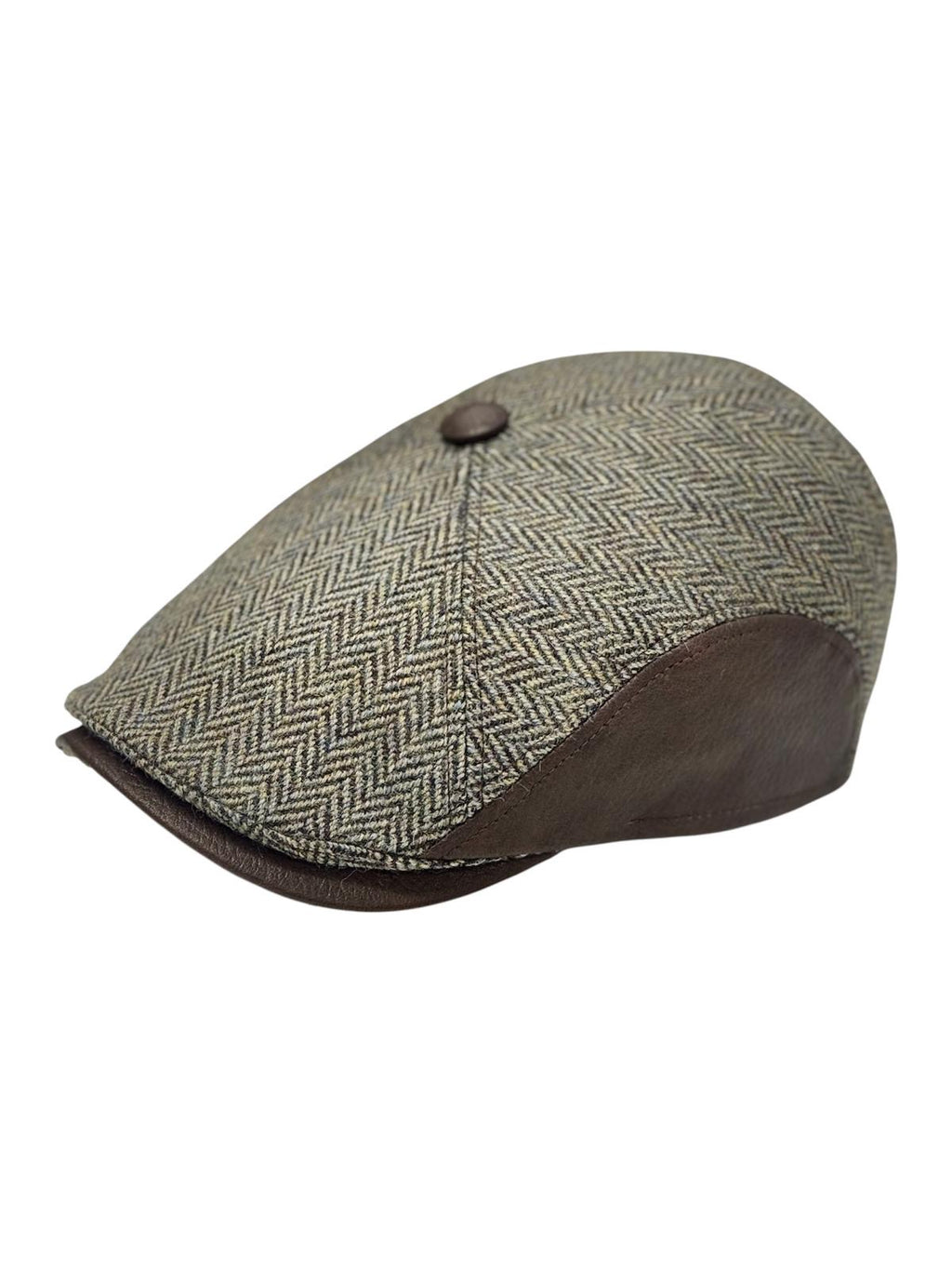 Modello Manchester in tessuto lana shetland spinato in beige mélange abbinata alla vera pelle marrone, un modello dai tagli unici nel suo genere