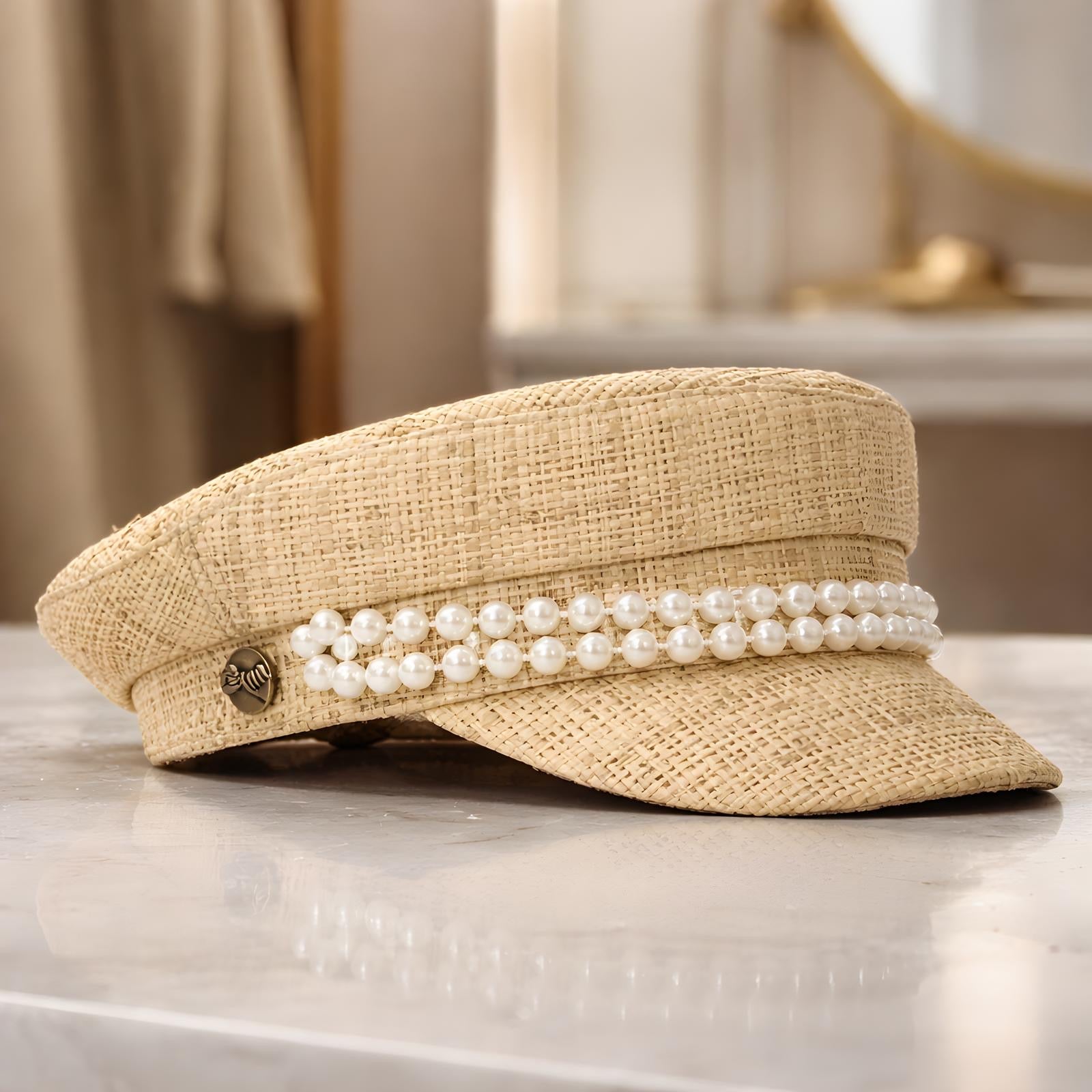 Modello Stewart Studio80, in tessuto paglia con accessori e perle